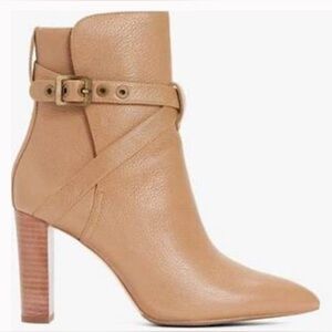 PAIGE Camille bootie- Tan Heeled Boots with Ankle Strap and Stacked Heel